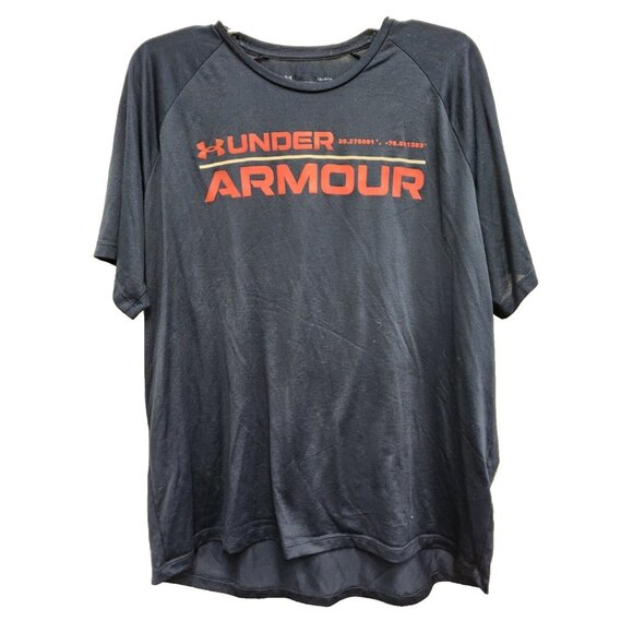Under Armour Mens T-Shirt Large Navy Spellout Logo Short Sleeve Loose Activewear - Picture 1 of 6